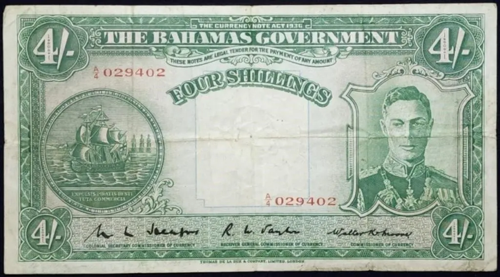 1936 Bahamas 4 Shillings Banknote