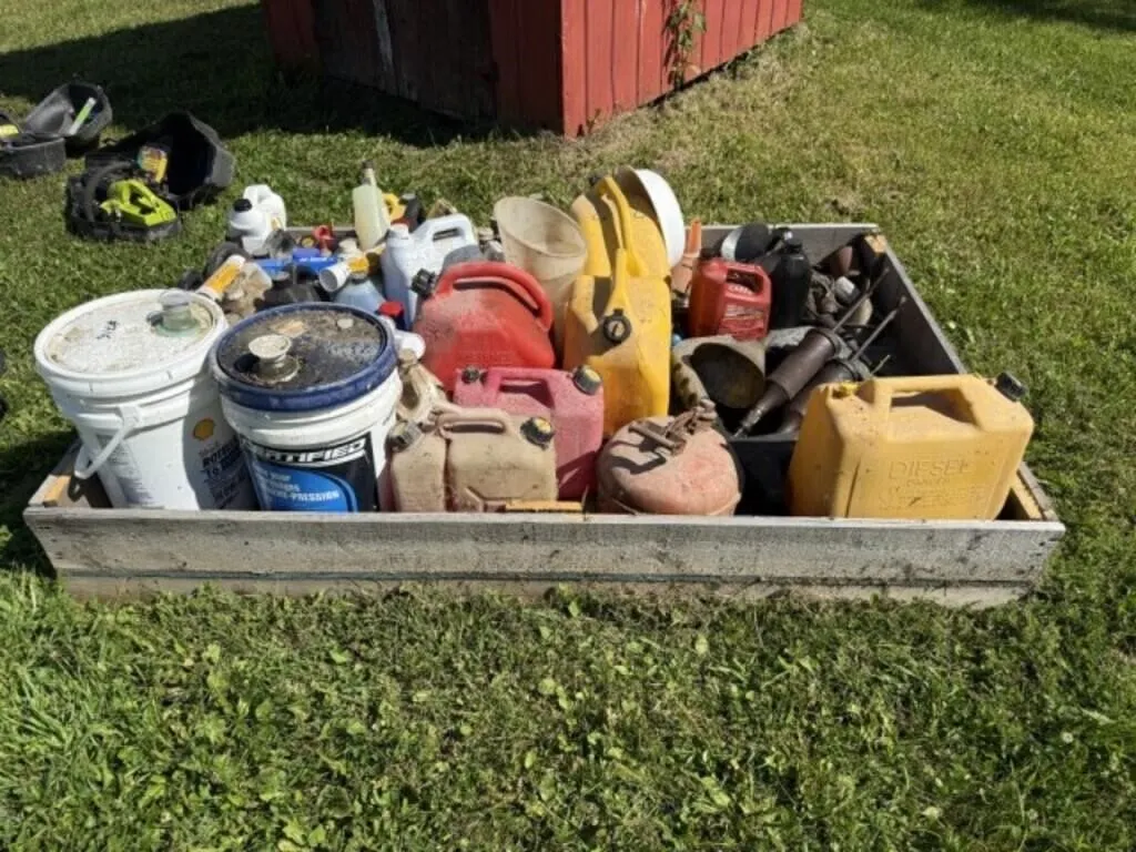 Crate of Jerry Cans, Grease, Oil, Antifreeze and