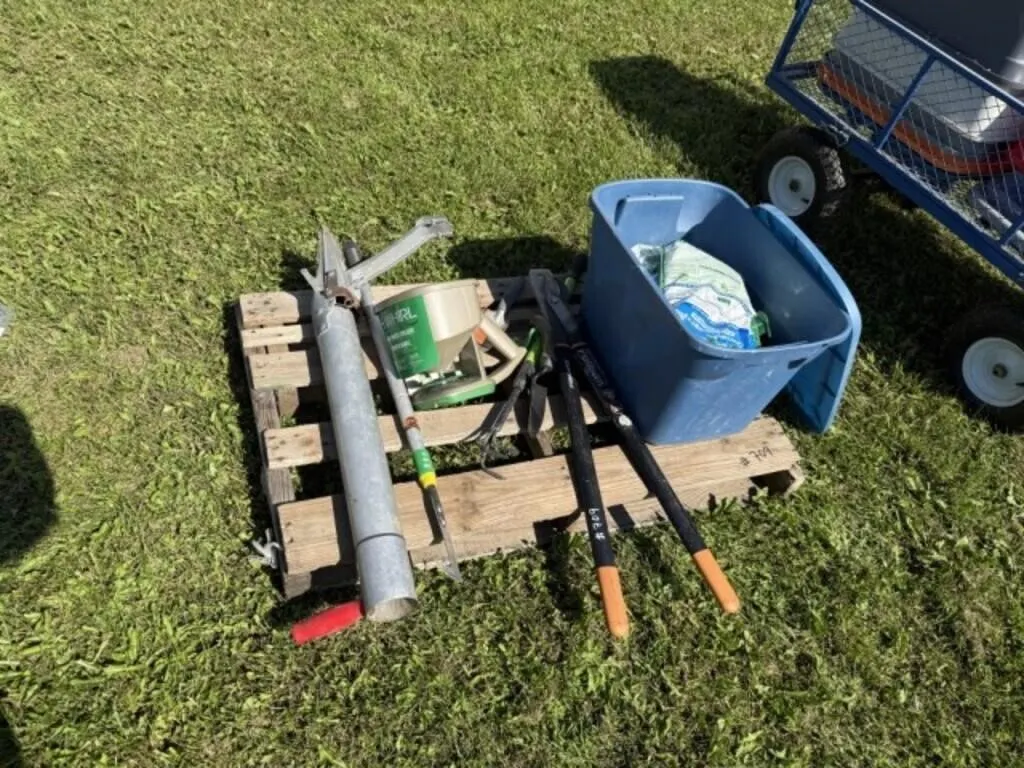 Pallet of Grass Seed, Fiskars 31" Potato Planter &