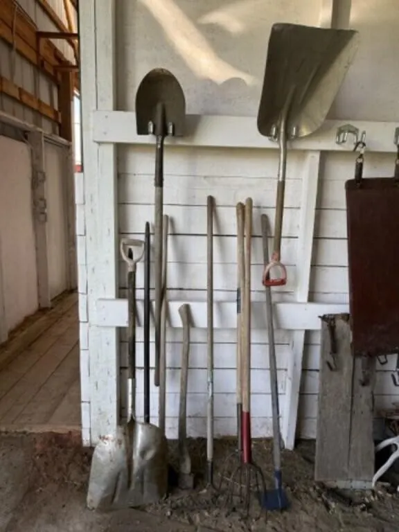 3 Shovels, 2 Pry Bars, 3 Pitch Forks and