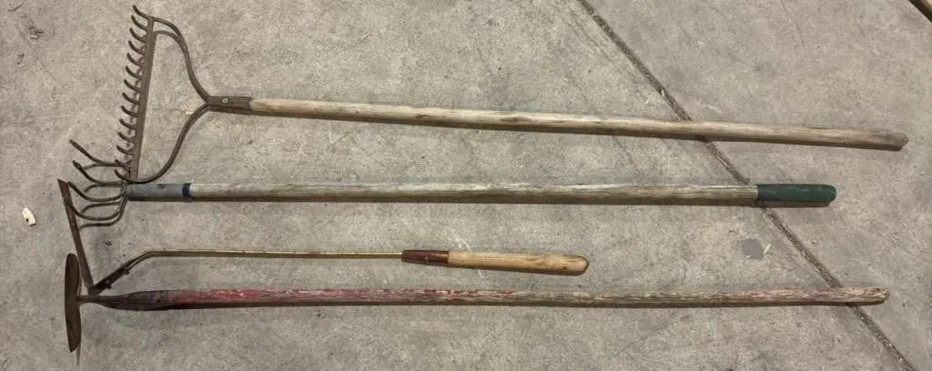 Rake, Cultivator, Weed Wacker & Hoe.
