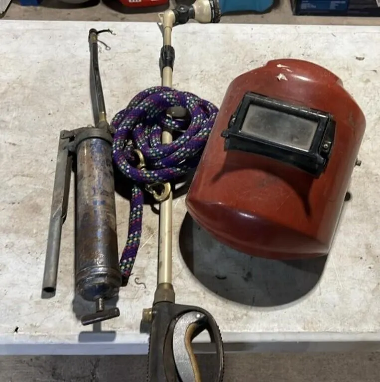 Welding Helmet, Grease Gun, Water Sprinkler, Lead
