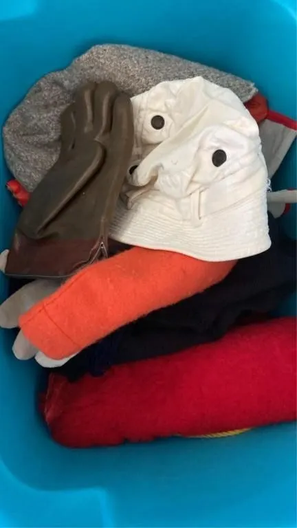 Tote of gloves hats scarves