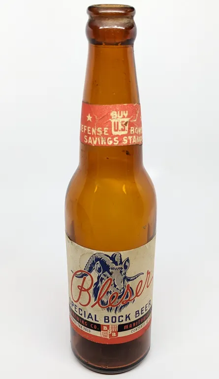 IRTP 12 OZ PAPER LABEL BOTTLE BLESER SPECIAL BOCK BEER MANITOWOC WISCONSIN (US WAR BONDS NECK LABEL)