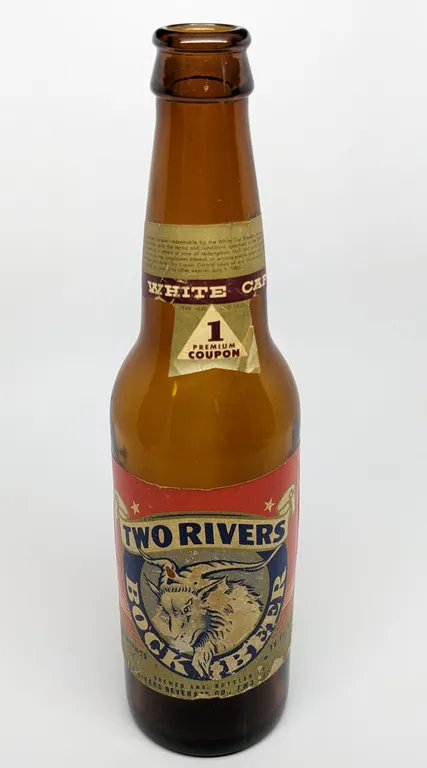 12 OZ PAPER LABEL BOTTLE 1960-61 TWO RIVER BOCK BEER WISCONSIN (WHITE CAP COUPON NECK LABEL)