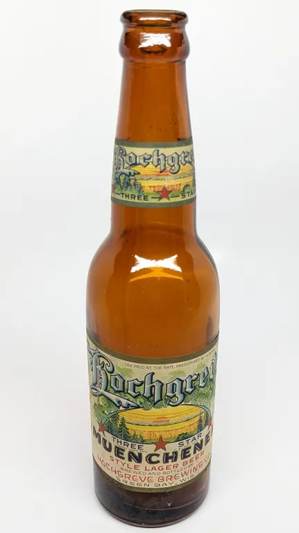 12 OZ U-PERMIT 7-U-743 PAPER LABEL BOTTLE HOCHGREVE THREE STAR MUNCHENER STYLE LAGER BEER GREEN BAY WISCONSIN