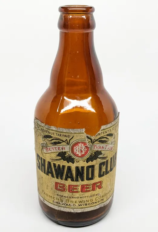 12 OZ IRTP PAPER LABEL STEINIE BOTTLE SHAWANO CLUB BEER FARMERS BREWING WISCONSIN