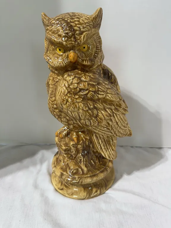 Vintage 12” ceramic owl figurine with golden glaze.