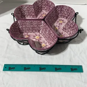 Temp-tations Old World Cranberry floral heart-shaped server with a wrought iron wire rack.