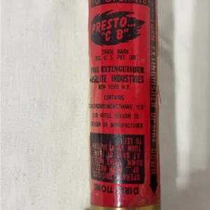 Vintage Presto "C B" fire extinguisher manufactured by Merlite Industries, typically dating from the