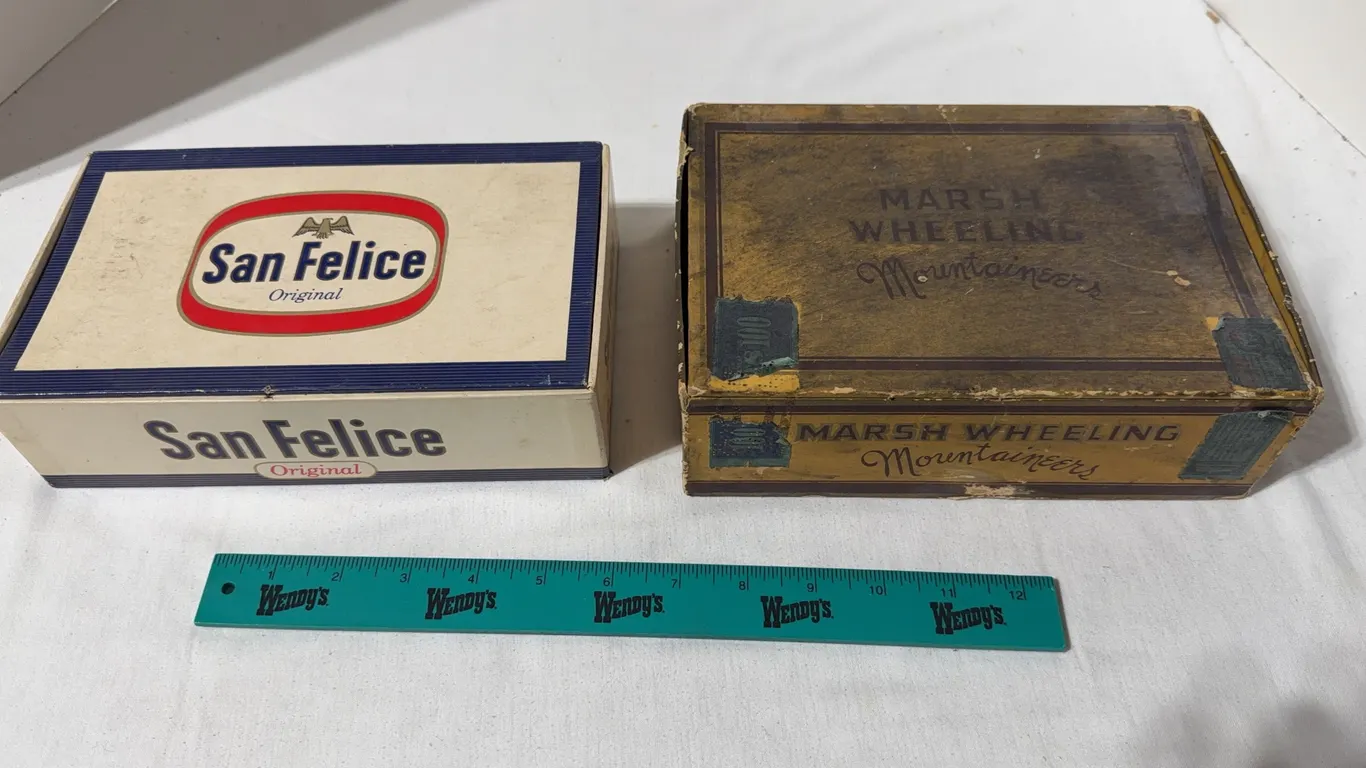 Pair of vintage cigar boxes and trinkets.