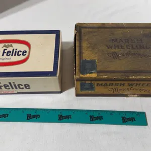 Pair of vintage cigar boxes and trinkets.