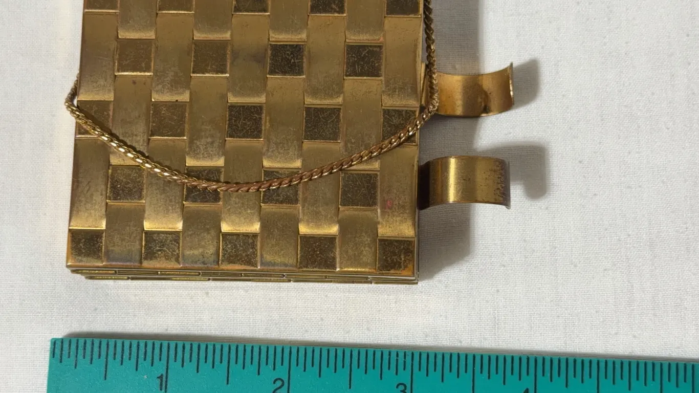 Vintage 1950s gold-tone basketweave metal minaudière container