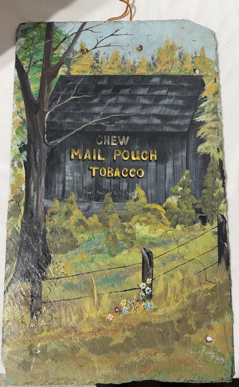 Vintage 24 x 14" hand-painted slate plaque w/ a classic "Chew Mail Pouch Tobacco" barn scene
