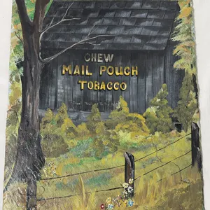Vintage 24 x 14"  hand-painted slate plaque w/ a classic  "Chew Mail Pouch Tobacco" barn scene