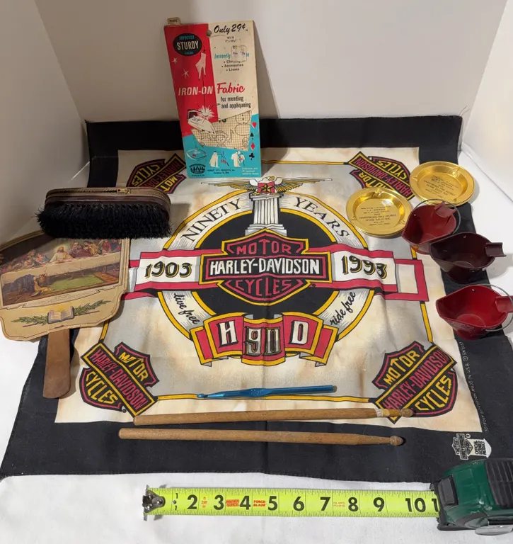 Miscellaneous lot of vintage items including a Harley Davidson bandanna