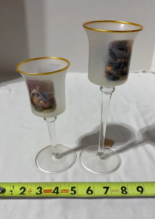 Thomas Kinkade frosted glass pedestal votive candle holders