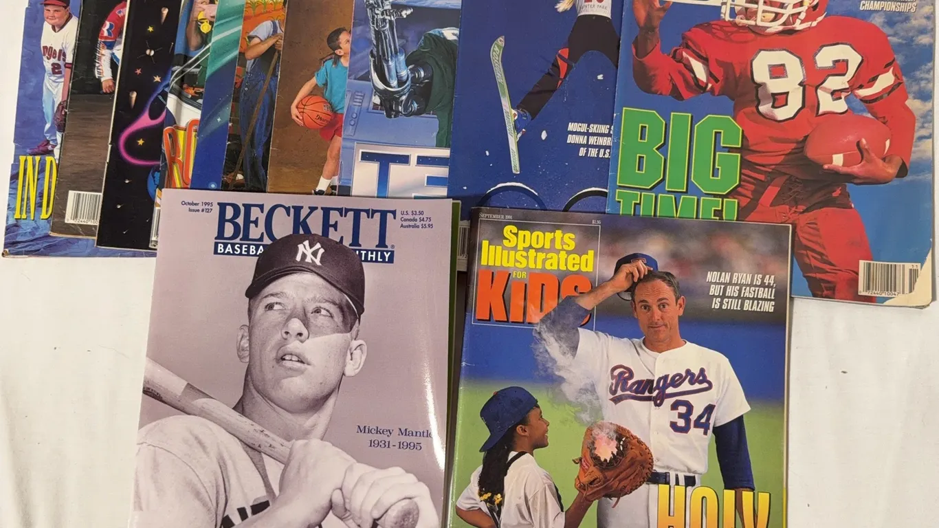 Lot of sports illustrated for kids with Nolan Ryan and a Beckett baseball Mickey Mantle cover.