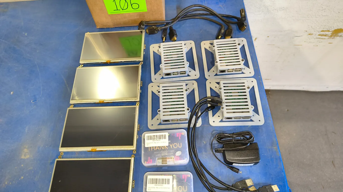 Lot of 4 Raspberry Pi3s with touch screens, HDMI and Usb cables, 4 RFID antenna and fobs, and one power supply. can ship to Saskatoon
