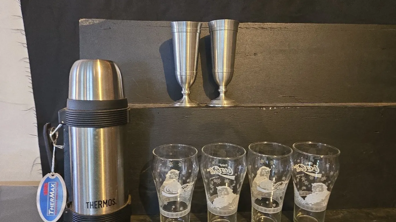 Coca-cola glasses, thermos & Pewter glasses