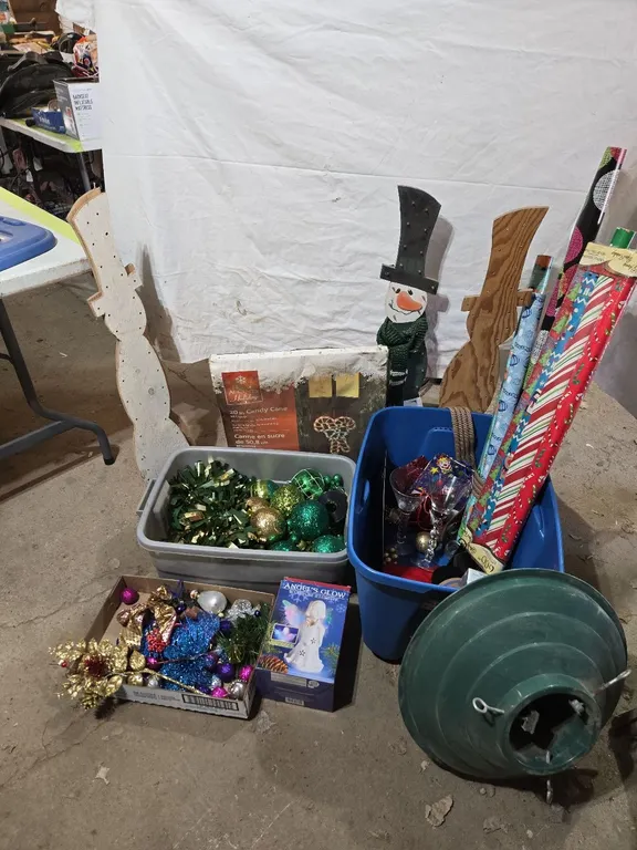 Xmas Supplies - wrapping paper, tree stand, ornaments, etc.