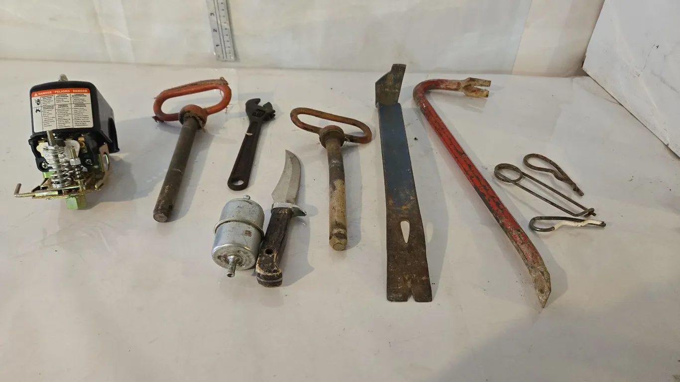 Hand Tools - Gooseneck bar, draw pins, crescent wrench, etc.