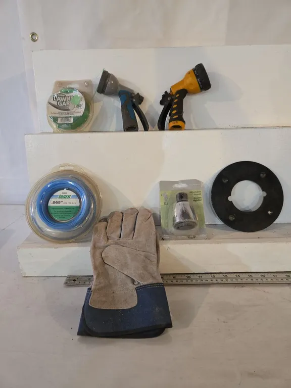 Grass whip line, work gloves, & hose nozzles