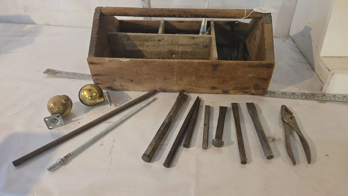 Homemade Wooden Tool Box, includes chisels, punches, threaded rods etc.