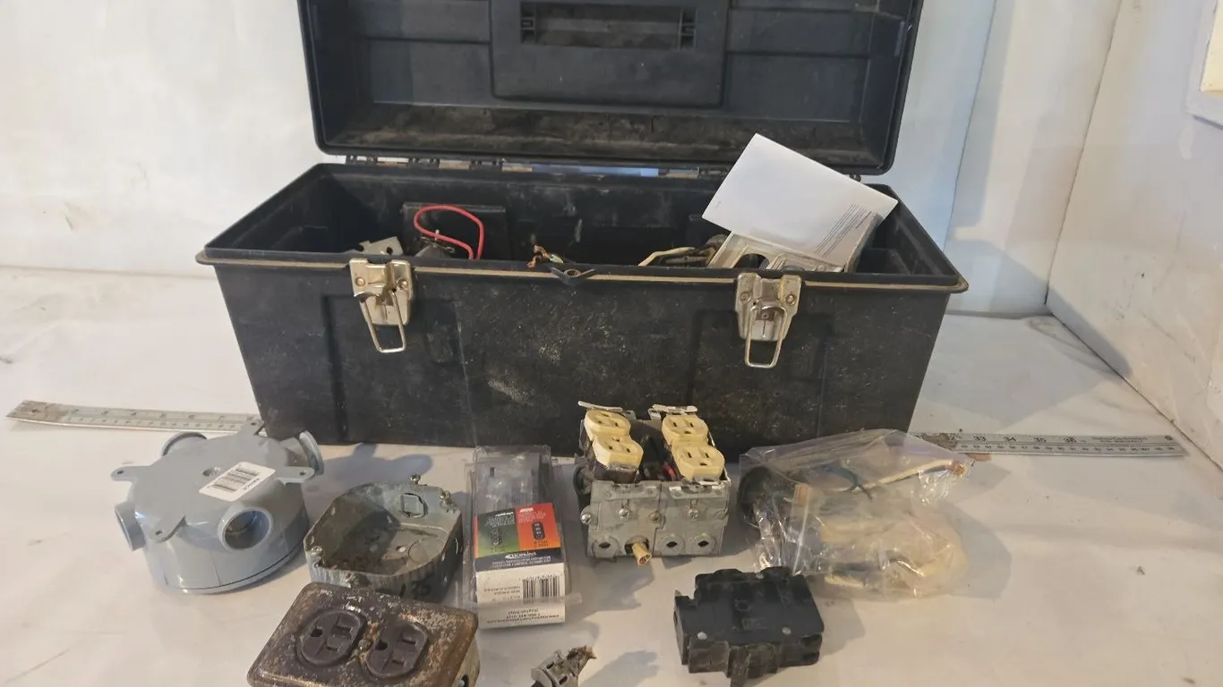 Plastic Tool Box, includes misc. electrical supplies
