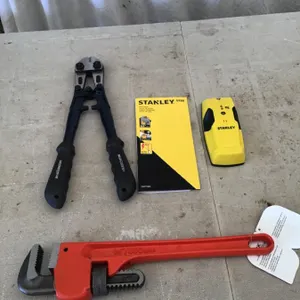 New pipe wrench, 14", 12" bolt cutters, Stanley stud sensor