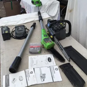 Yardworks electric chainsaw, 14” bar, Greenworks 8” pole saw, 1 battery and charger fits both, working, but battery life unknown