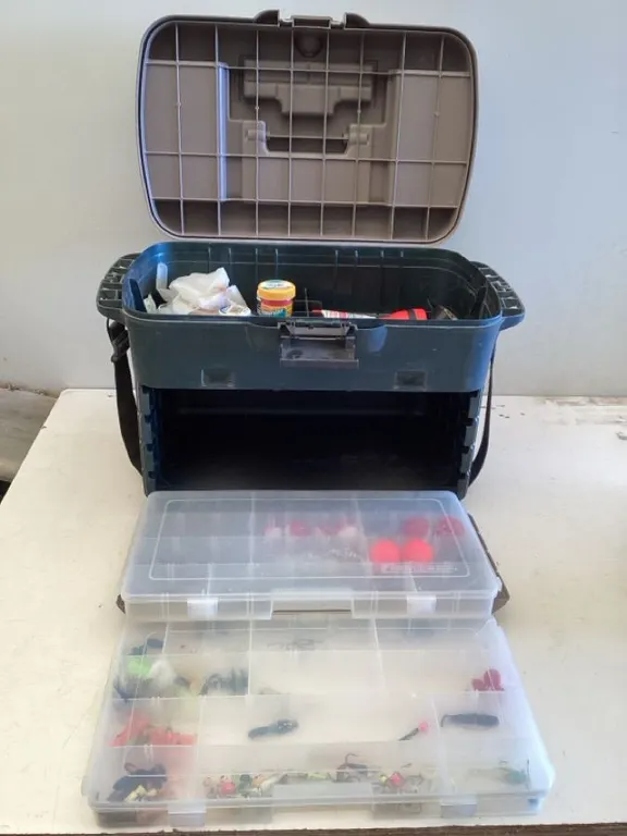 Tacklebox, approximately 19 1/2” x 12” x 15”, fishing supplies