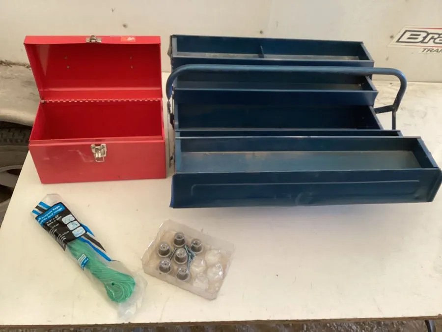 Metal toolboxes, approximately 21 1/2” x 8” x 8”, 11 1/4” x 6 1/4” x 6 1/2”, rope, cabinet handles