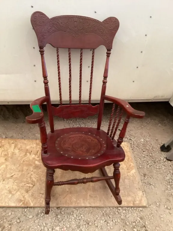 Rocking chair with decorative insert, seat width 20", seat height 14", back height 41", one spindle broken on back