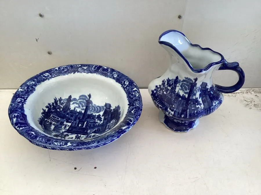 Vintage basin and pitcher, NOT ceramic, basin 14" dia x 4 3/4" high, pitcher 10 1/2" high