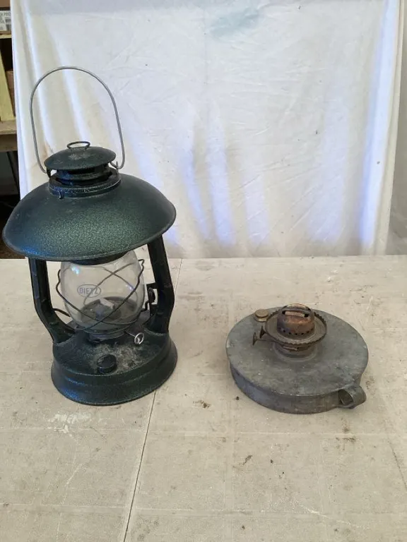 Dietz replica lantern, approximately 7” dia, 13 1/2" high, 8” dual wick lantern/brooder heater base.