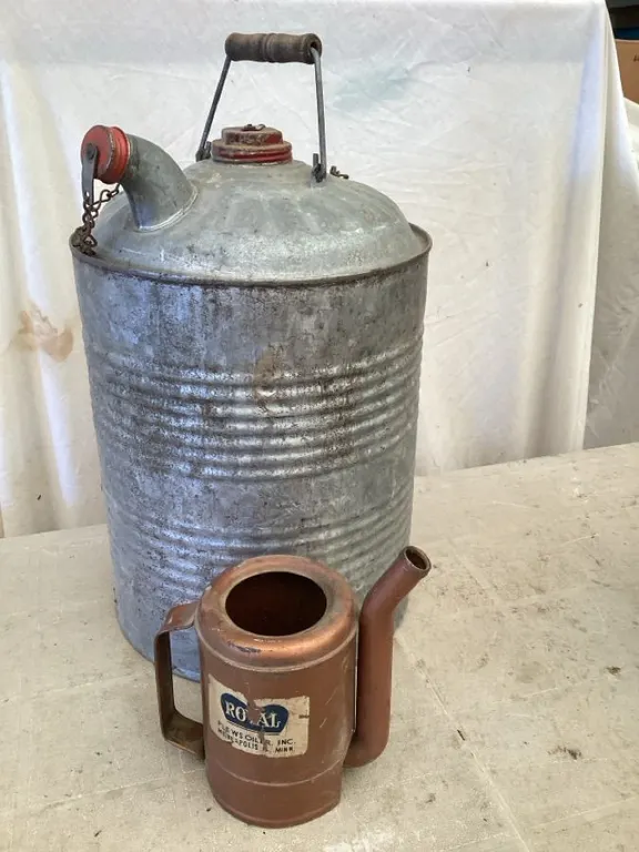 Vintage metal fuel containers, larger 11 1/2” dia x 18” high