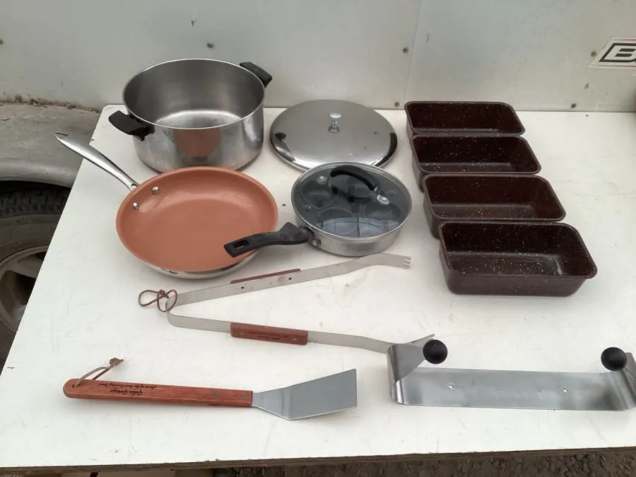 Pots and pans; Gotham steel pan approximately 10", KitchenAid egg poacher, loaf pans, paper towel holder, etc.