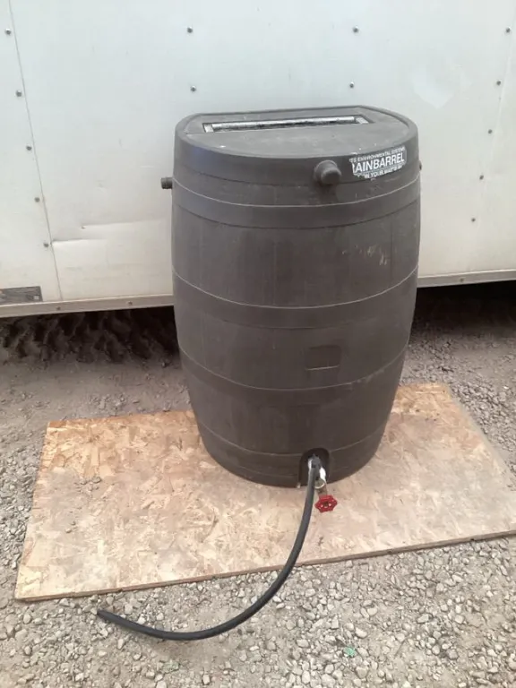 Rain barrel, approx 20 1/2” dia x 34”