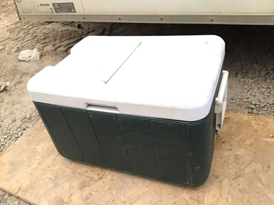 Coleman cooler, 21” x 16” x 13” high, easy access lid, needs cleaning, paint stain
