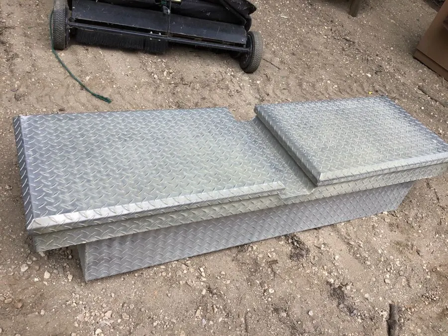Over fender mount tool box, aluminum checker plate, fits inside 58" box, overall 70” x 20” x 14” high