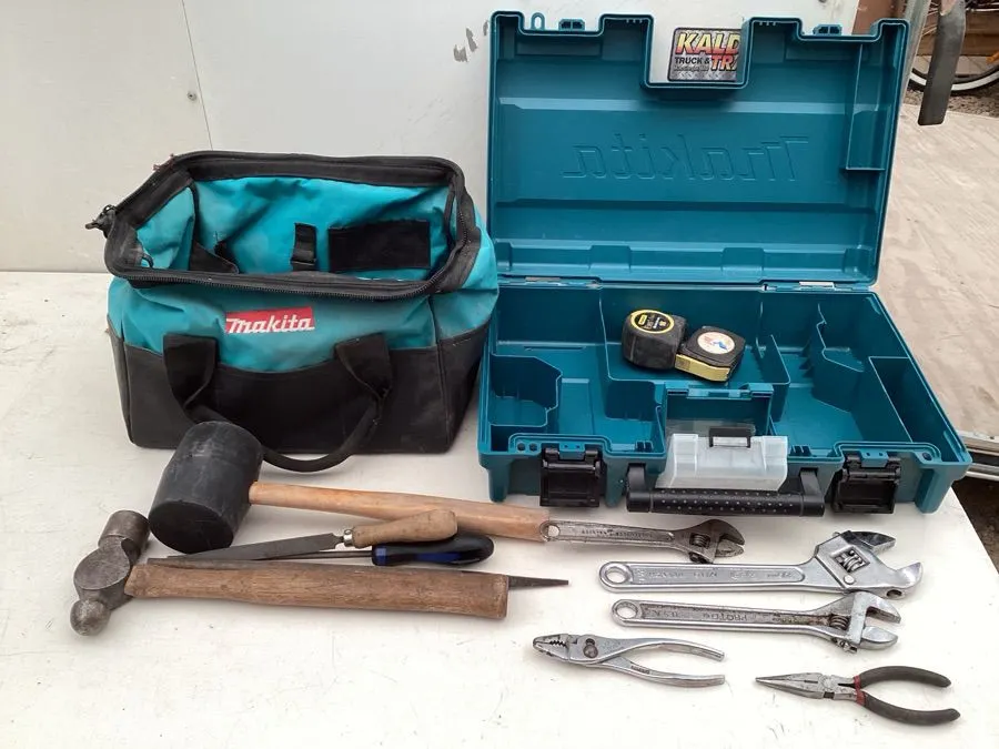 Makita case and tool bag, rubber, mallet, ball peen hammer, adjustable wrenches, measuring tapes, etc.
