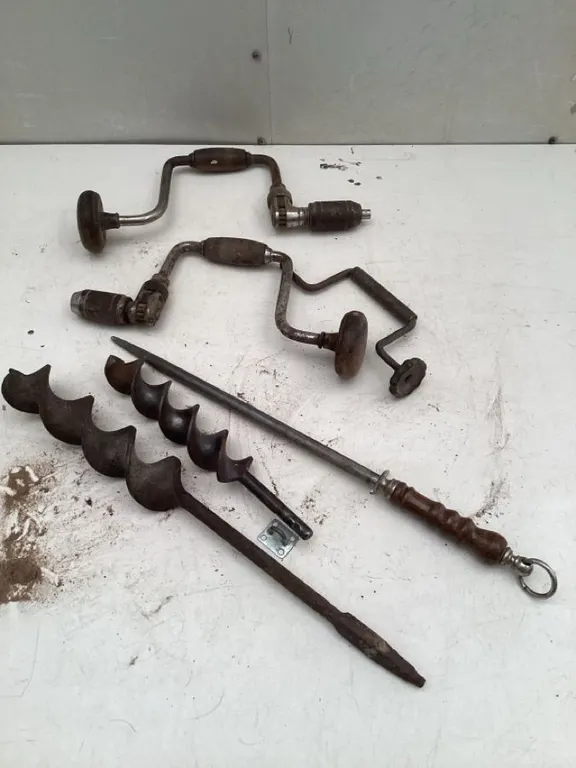 Vintage hand drills, drill bits, knife sharpening steel