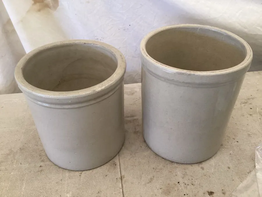 Crocks, 7 1/2” dia x 7 3/4” high, 7 1/4” dia x 9” high