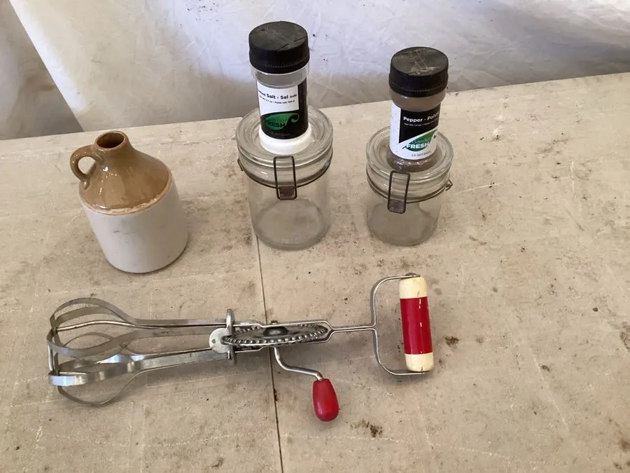 Storage jars, mini jug, vintage eggbeater