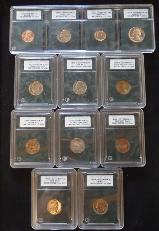 1971 PROOF SET IN STRIP, LOT OF 8 JEFFERSON NICKELS, BOTH PROOF AND BRILLIANT UNCIRCULATED
