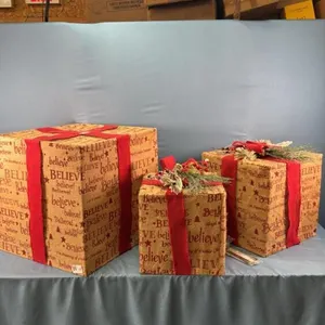 BURLAP (3) BOX CHRISTMAS DÉCOR WITH LIGHTS