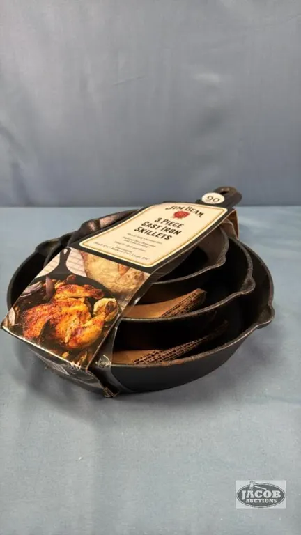 (3) PIECE UNUSED JIM BEAM CAST IRON SKILLET SET