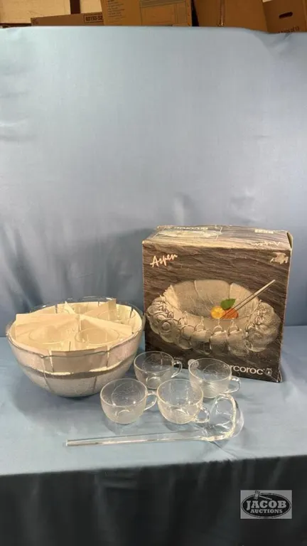 ASPEN PUNCH BOWL SET HAS BOWL, (12) CUPS AND LATEL