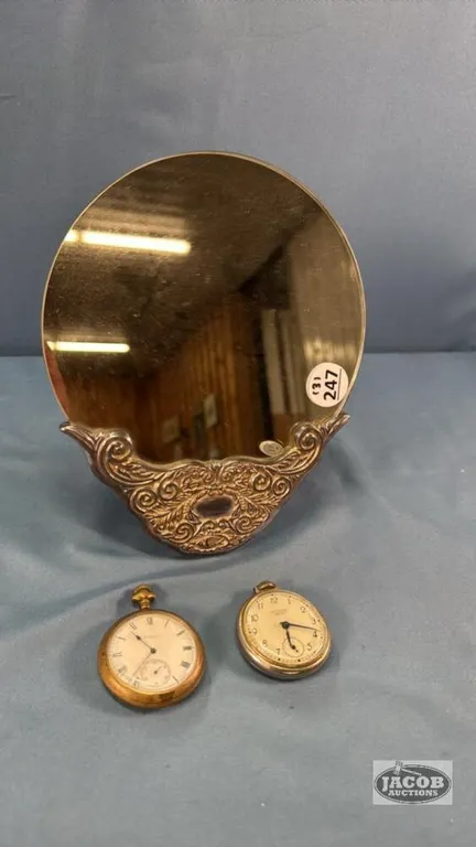 MAKE-UP MIRROR WITH (2) POCKET WATCHES
